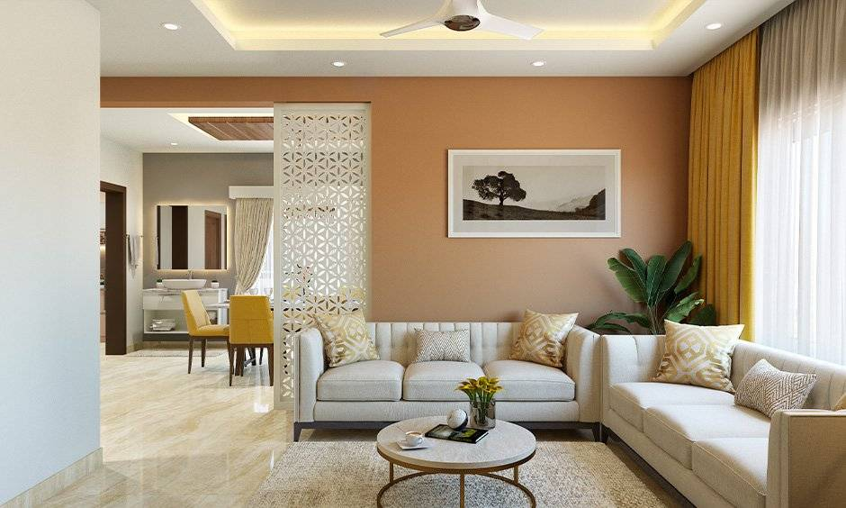 Curated minimalist living room interior with terracotta decor and natural timber